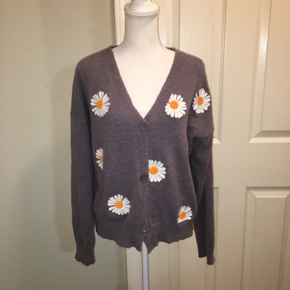 Embroidered Daisies Cardigan Sweater